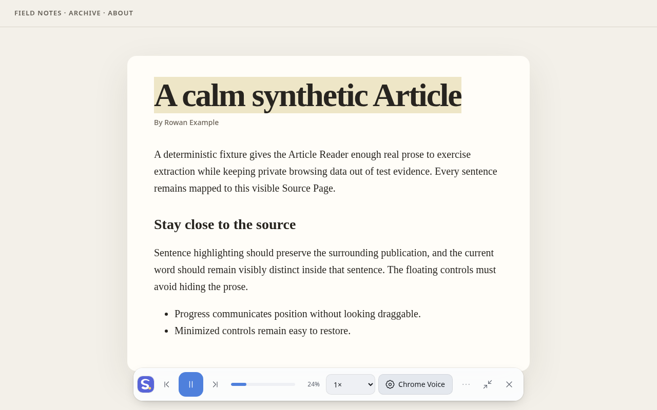 Speak-O bottom-docked reading controls over a highlighted Article on its original page