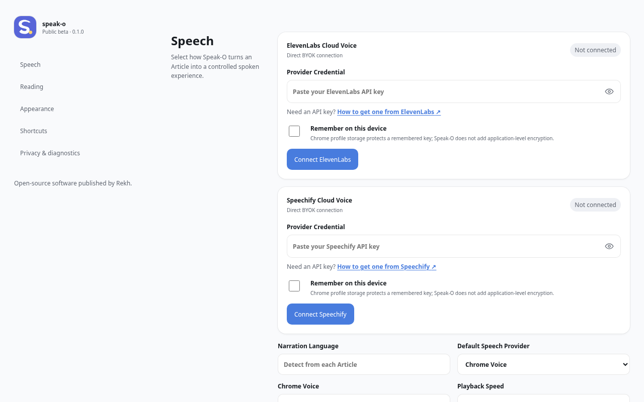 Speak-O Speech settings showing independent ElevenLabs and Speechify Provider Connections