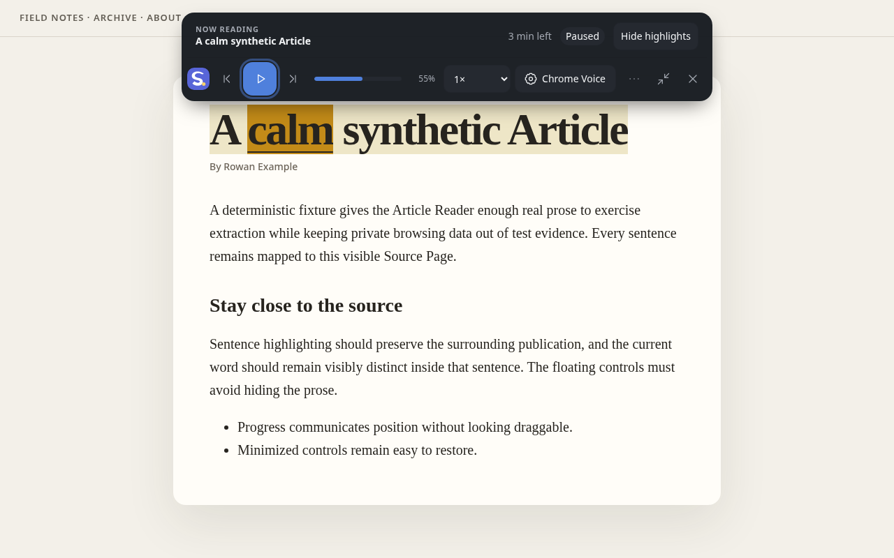 Speak-O top-docked dark controls with the current word highlighted inside the active sentence